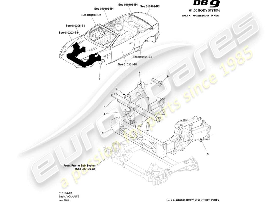 un diagrama de piezas del catálogo de piezas Aston Martin DB9 (2012)