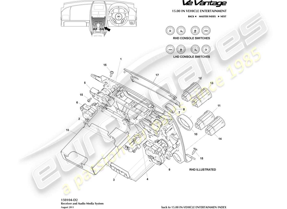aston martin v12 vantage (2011) diagrama de piezas de controles multimedia