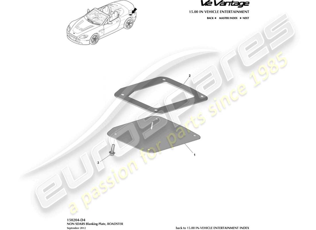 aston martin v12 vantage (2011) placa ciega no sdars, diagrama de piezas del roadster