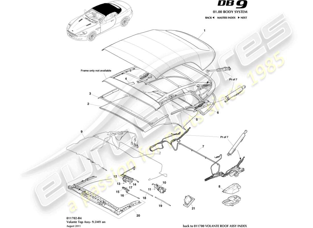 aston martin db9 (2006) conjunto de techo volante, 9.5my en el diagrama de piezas