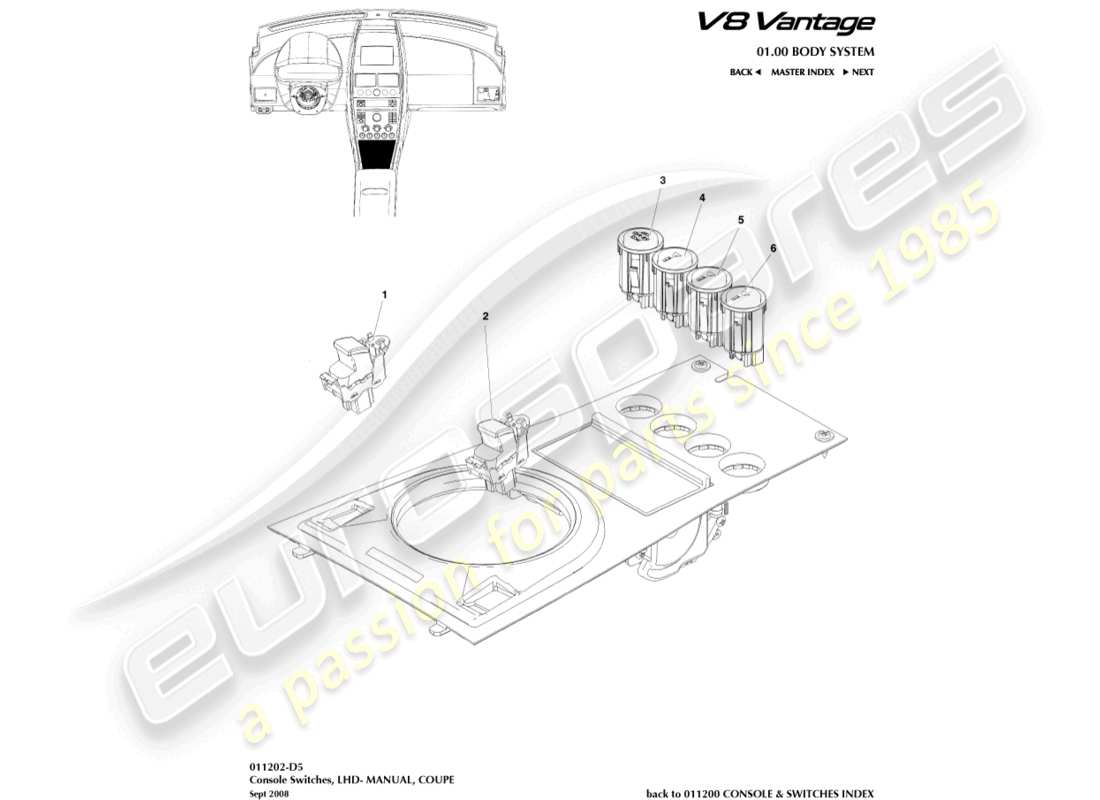 aston martin v8 vantage (2006) interruptores de consola, cupé, diagrama de piezas lhd