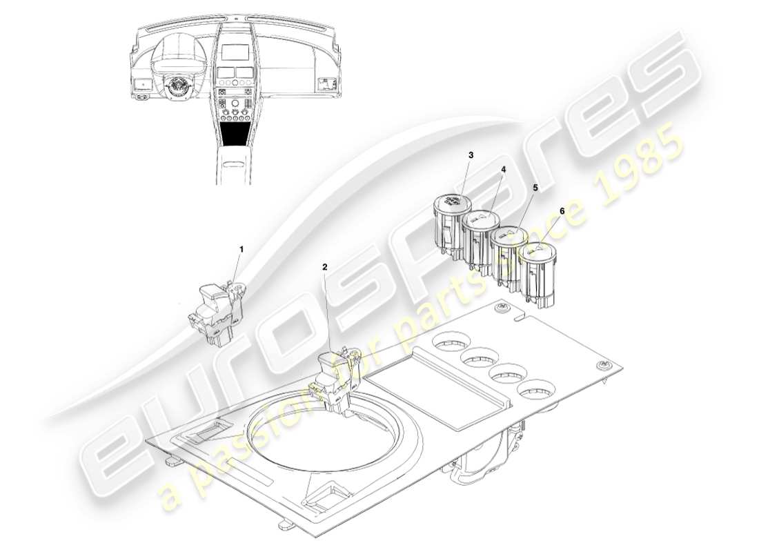 aston martin v8 vantage (2005) interruptores de consola, cupé, diagrama de piezas lhd