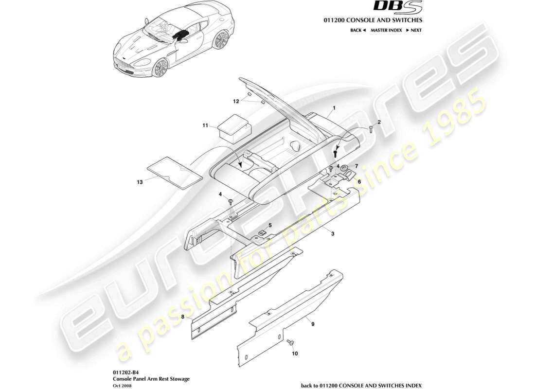 aston martin dbs (2014) consola central, diagrama de piezas del apoyabrazos