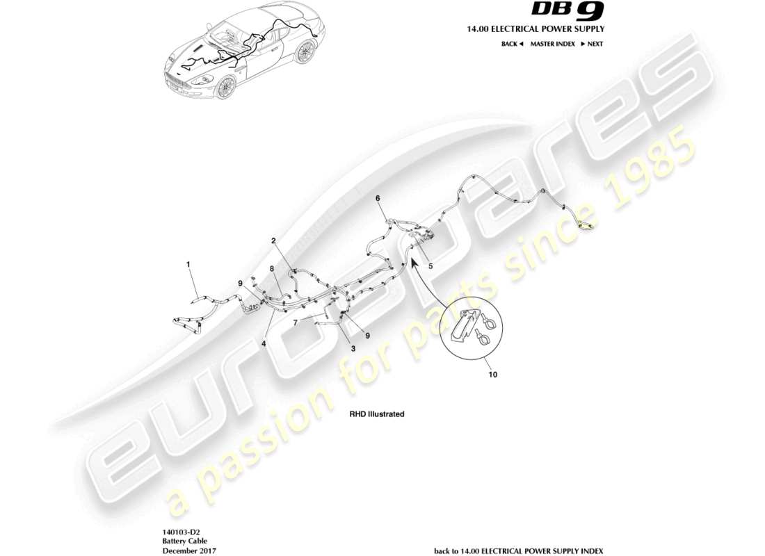 aston martin db9 (2006) cables de batería, diagrama de piezas del cupé