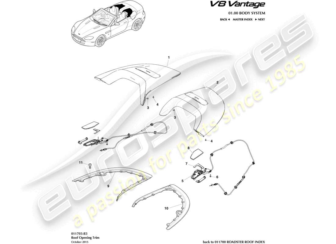 aston martin v8 vantage (2006) diagrama de piezas de moldura de abertura de techo