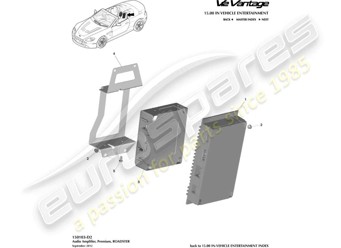 aston martin v12 vantage (2010) amplificadores premium, diagrama de piezas del roadster