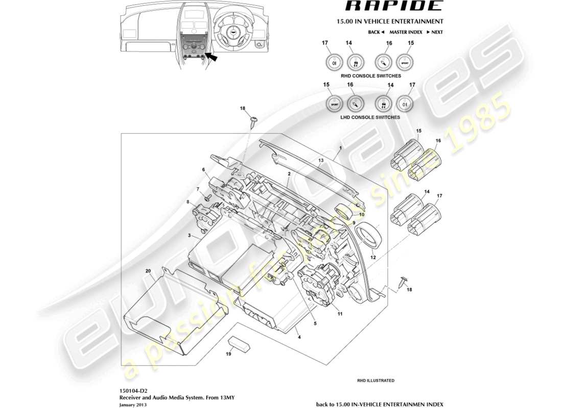 aston martin rapide (2019) sistema multimedia, 13my en diagrama de piezas