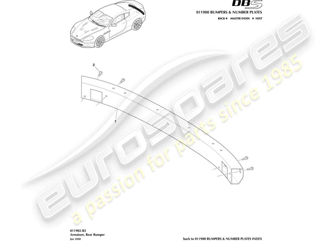 aston martin dbs (2010) armadura del parachoques trasero diagrama de piezas