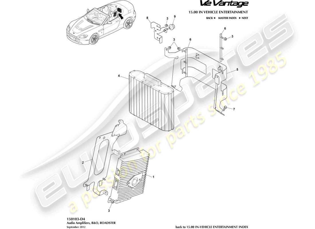 aston martin v12 vantage (2010) amplificadores b&o, diagrama de piezas del roadster