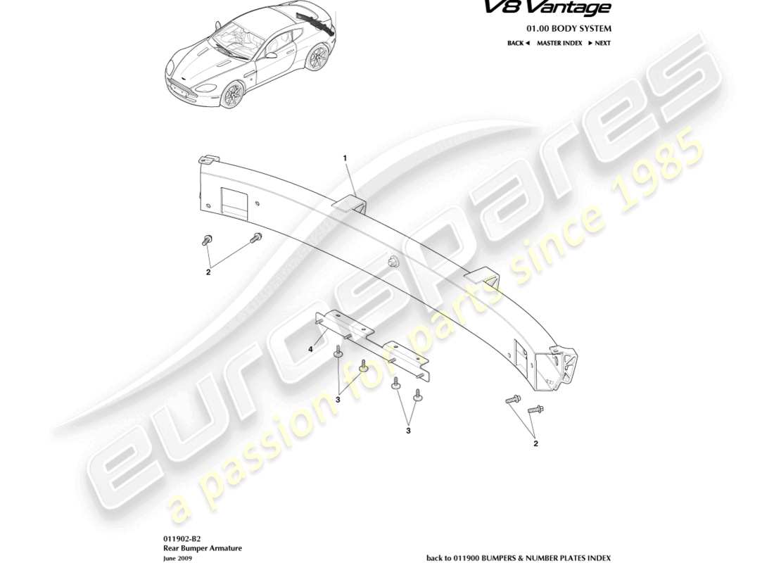 aston martin v8 vantage (2012) diagrama de piezas de la armadura del parachoques trasero