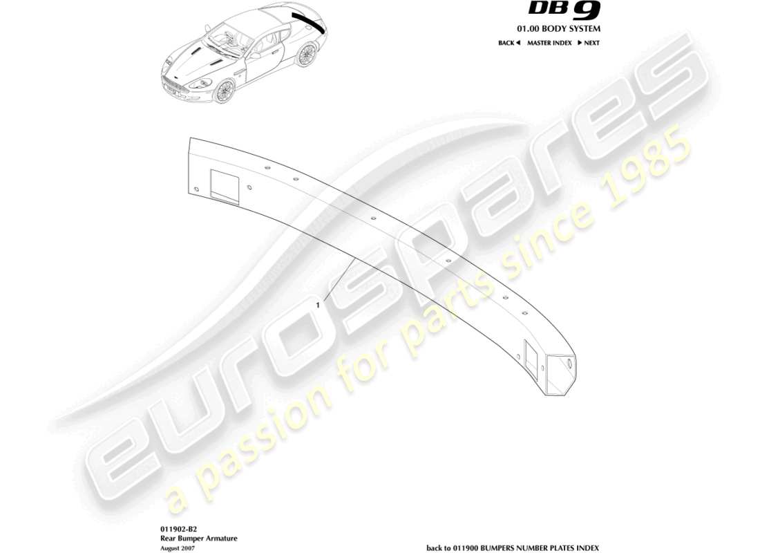 aston martin db9 (2008) diagrama de piezas de la armadura del parachoques trasero