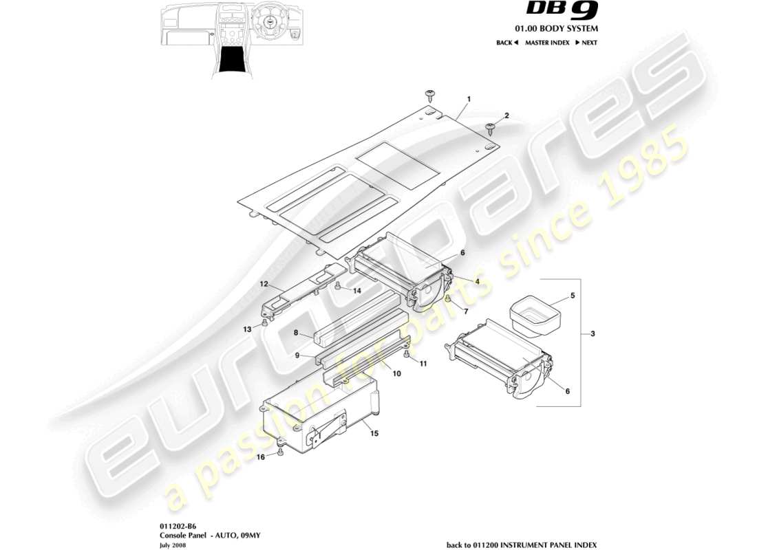 aston martin db9 (2008) consola delantera, automóvil, 09my diagrama de piezas