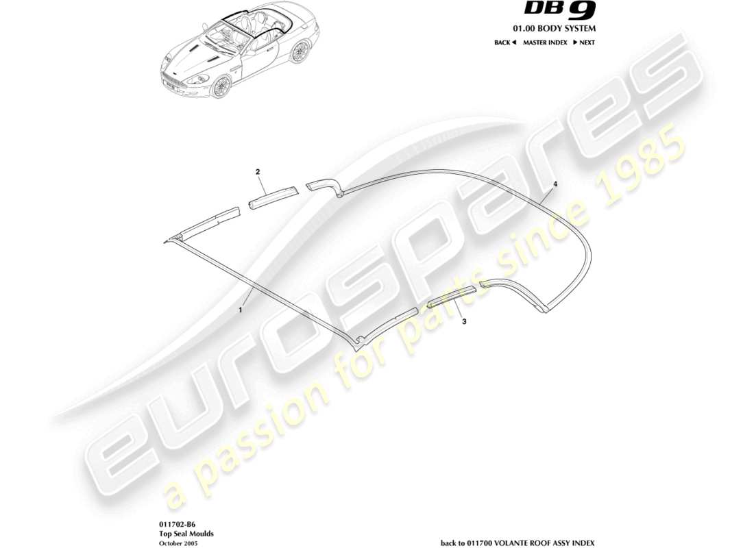 aston martin db9 (2004) moldura de sello superior diagrama de piezas