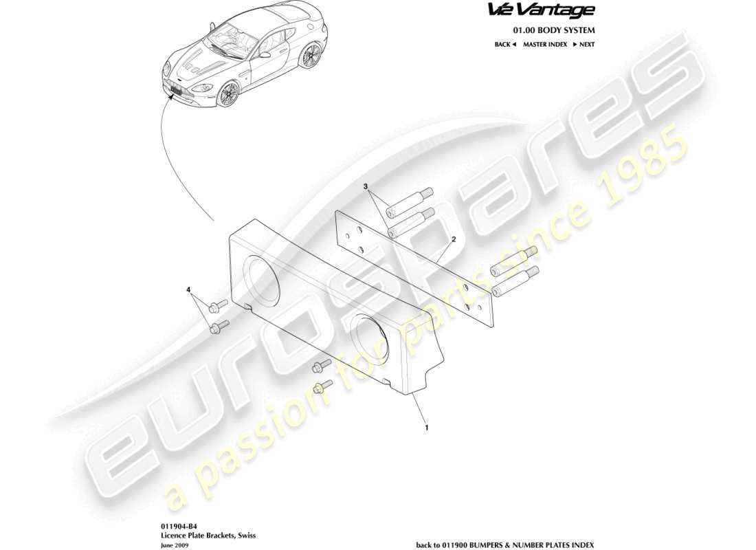 aston martin v12 vantage (2011) soportes de matrícula, diagrama de piezas suizas