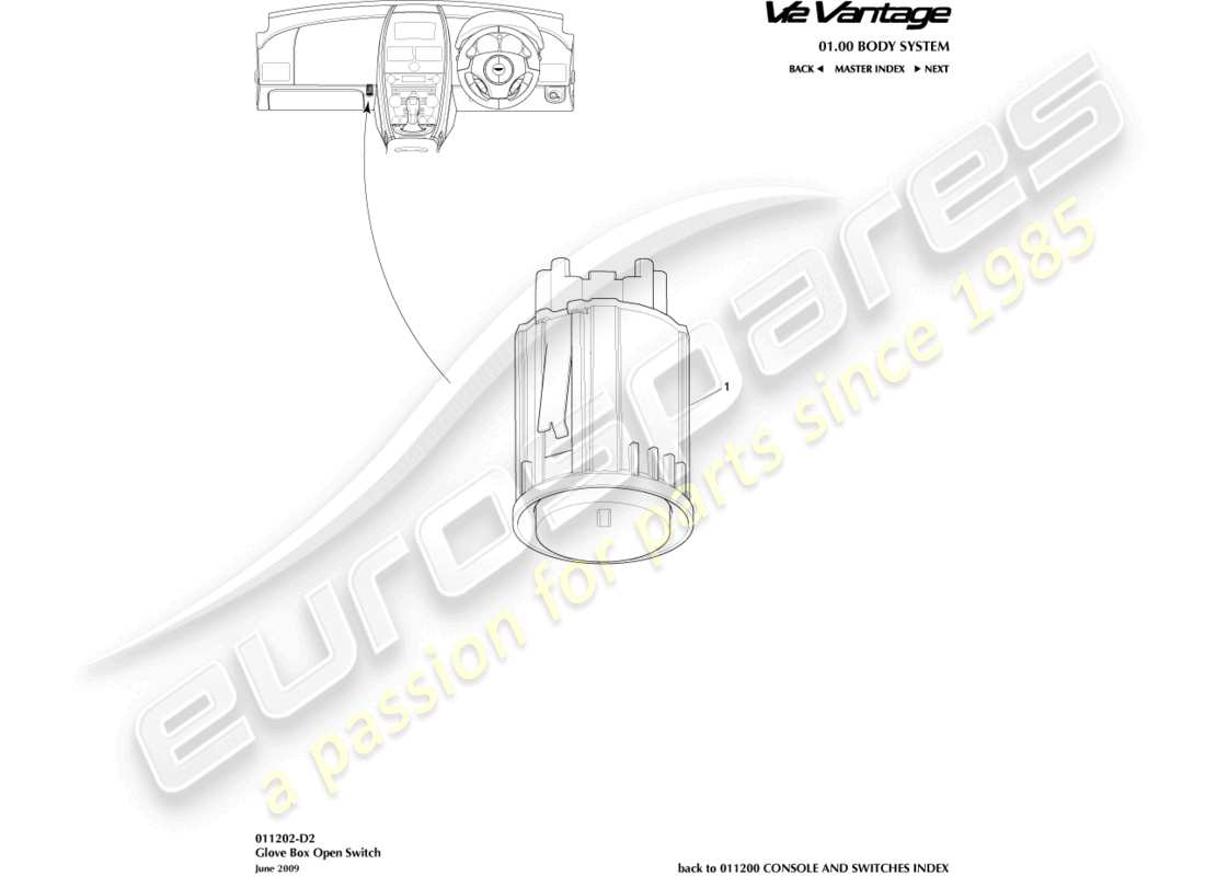 aston martin v12 vantage (2013) diagrama de piezas del interruptor de la guantera