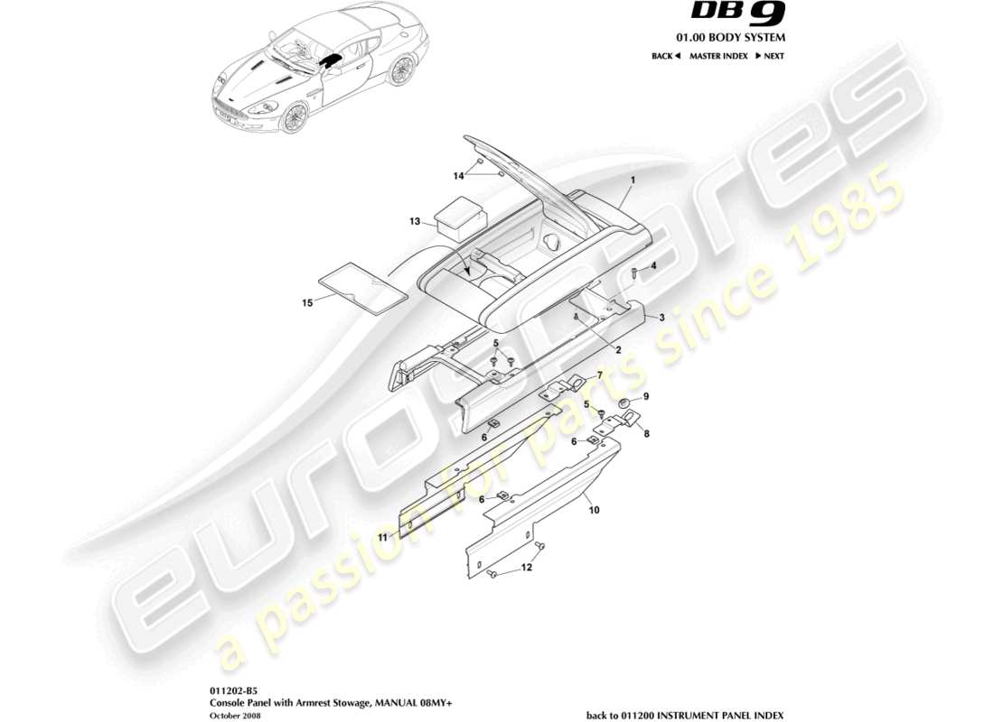 aston martin db9 (2005) consola central, manual, 08my diagrama de piezas