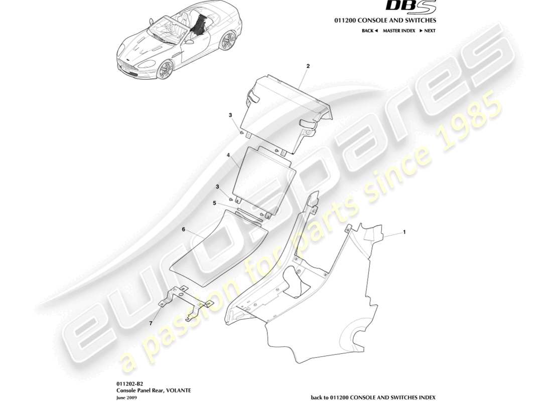 aston martin dbs (2007) rear console, volante diagrama de piezas
