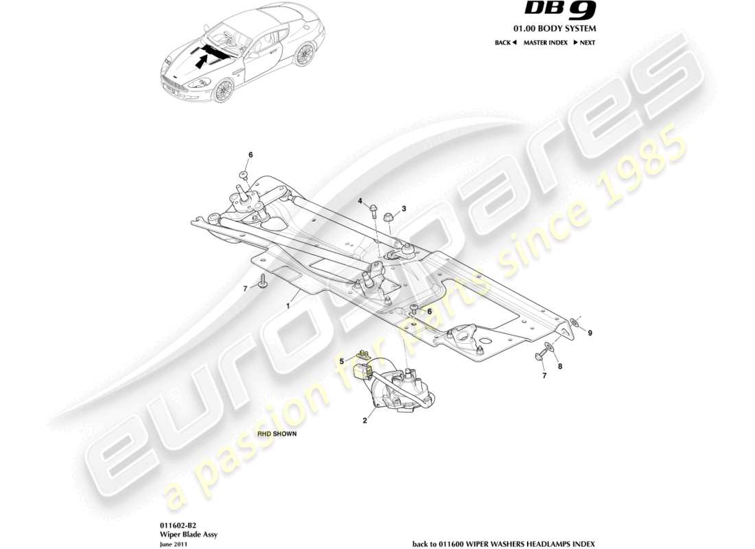 aston martin db9 (2005) diagrama de piezas del conjunto del varillaje del limpiaparabrisas