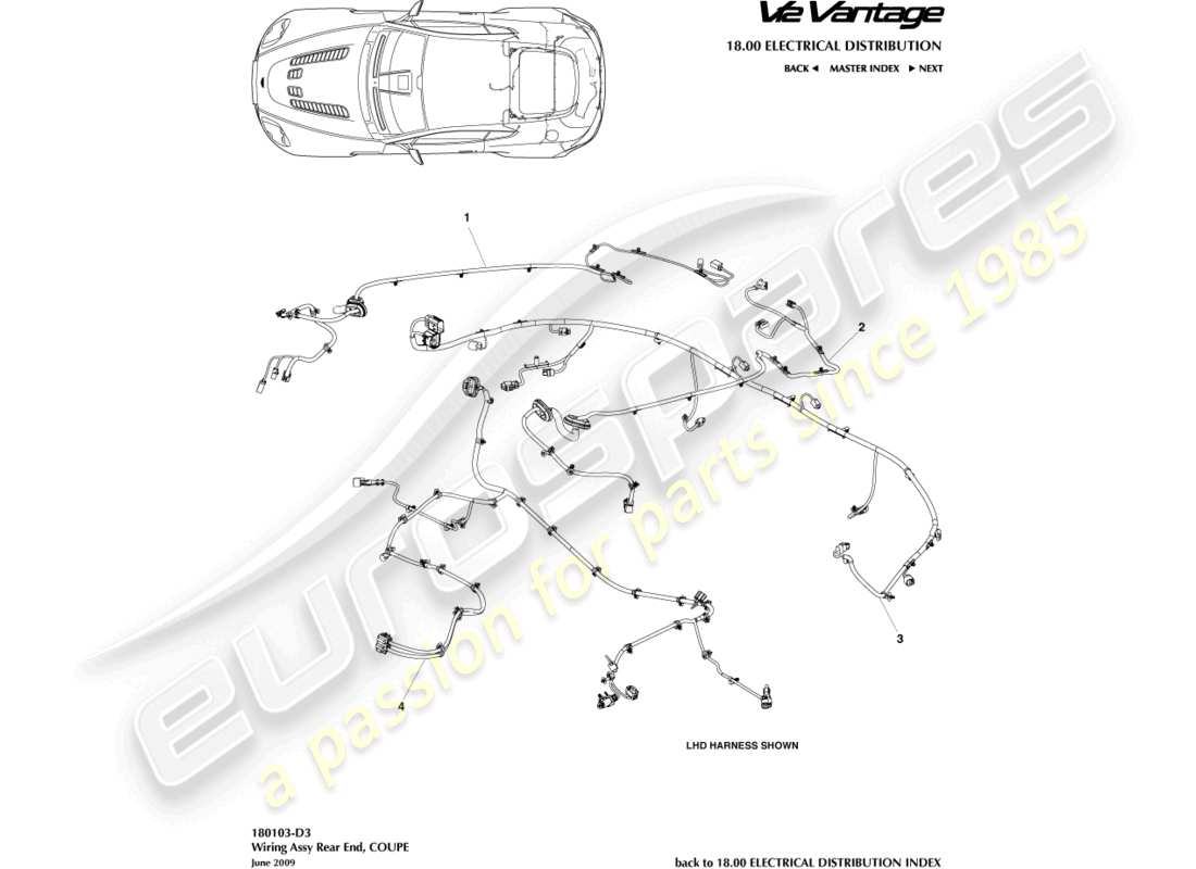 aston martin v12 vantage (2010) arnés del extremo trasero, diagrama de piezas del cupé