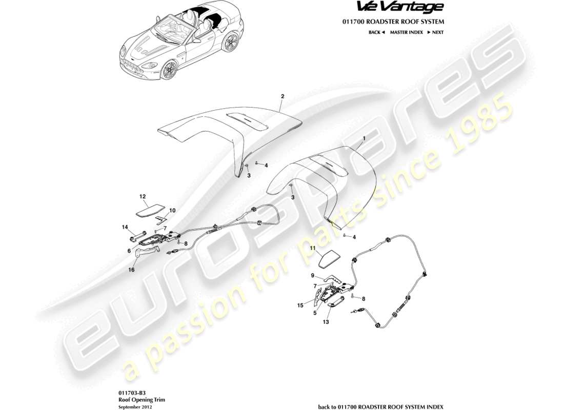 aston martin v12 vantage (2010) diagrama de piezas de moldura de abertura de techo