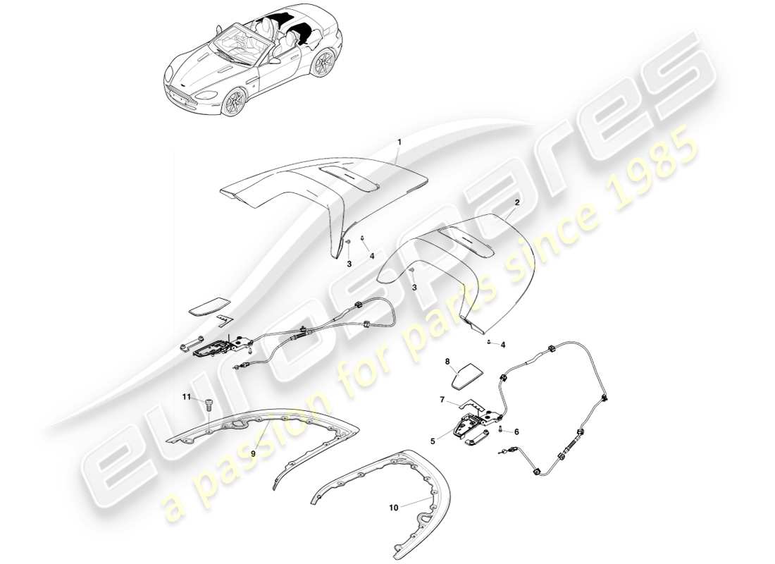 aston martin v8 vantage (2005) diagrama de piezas de moldura de abertura de techo