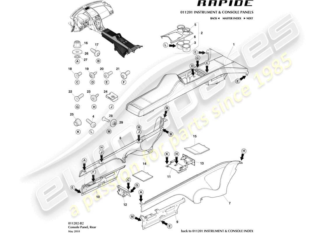 aston martin rapide (2012) consola trasera diagrama de piezas