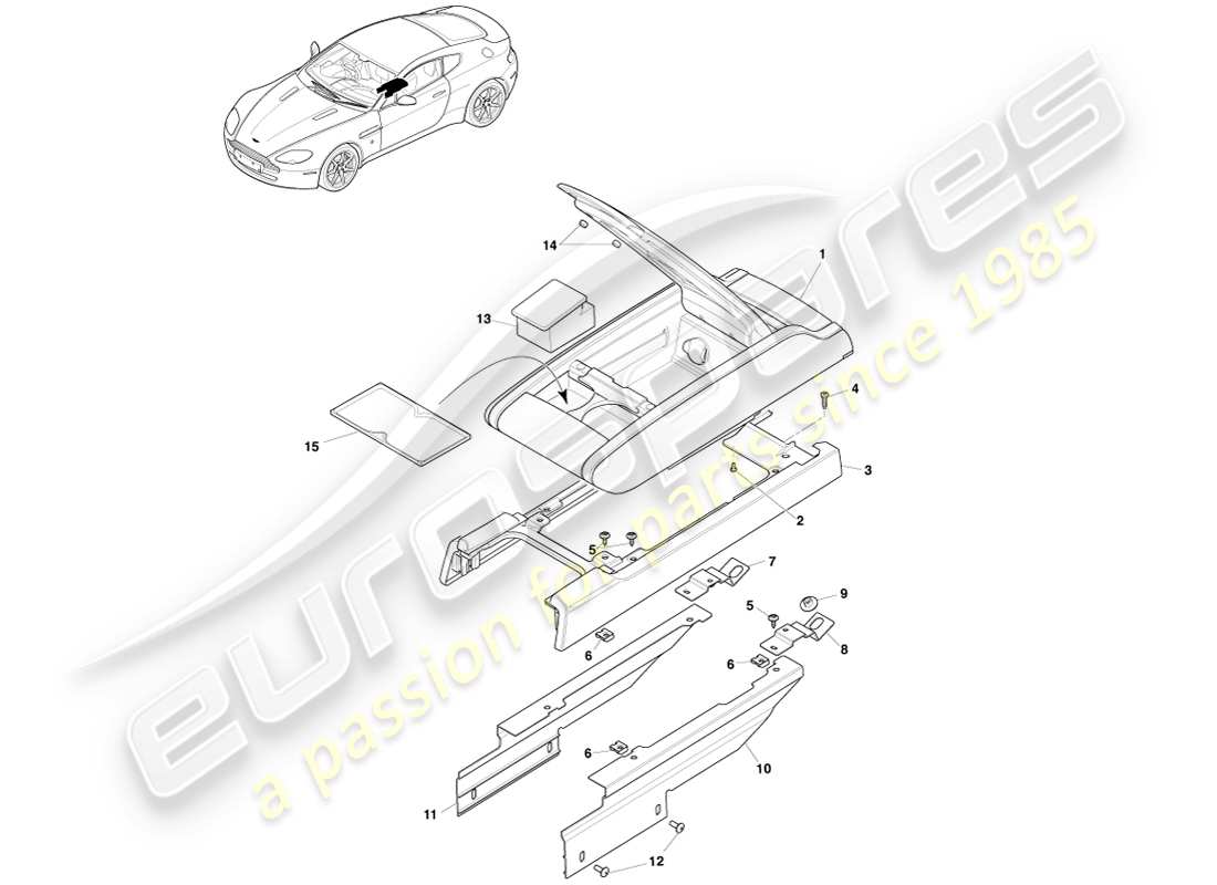 aston martin v8 vantage (2007) diagrama de piezas de la consola central con apoyabrazos