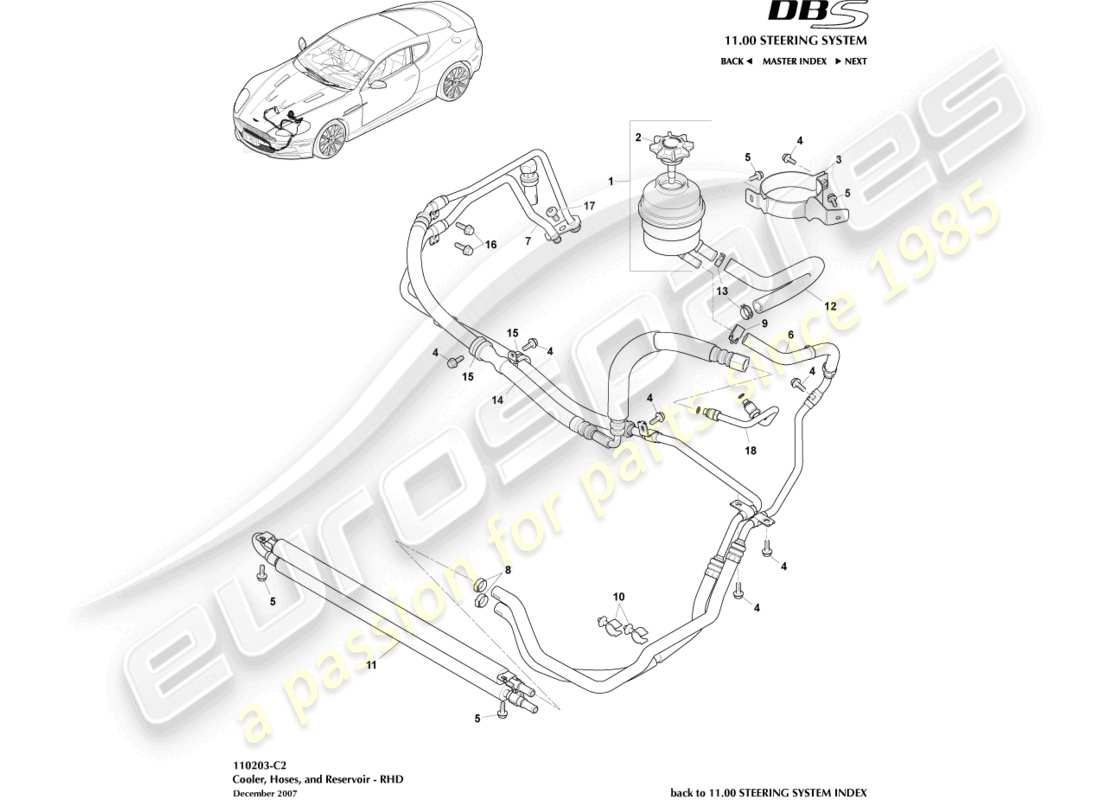 aston martin dbs (2013) diagrama de piezas del enfriador, mangueras y depósito, lado derecho