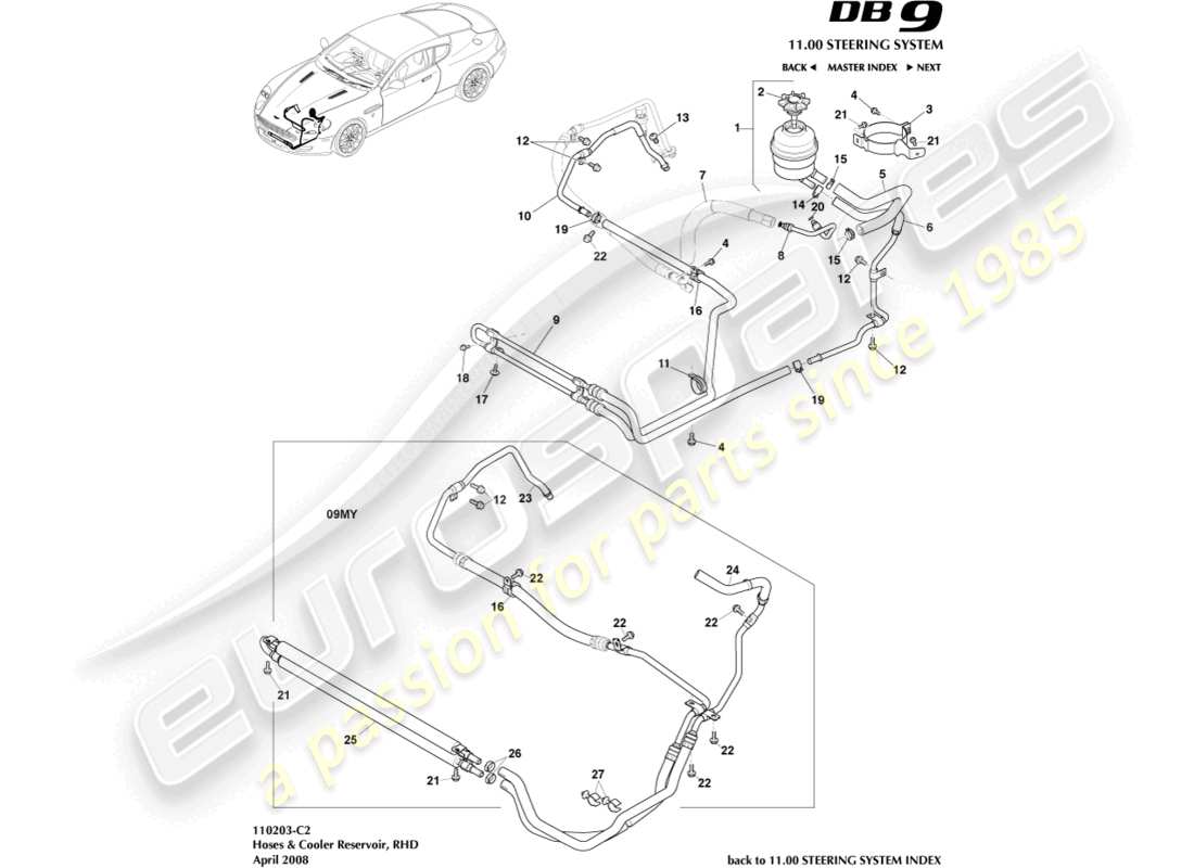 aston martin db9 (2010) diagrama de piezas del enfriador, mangueras y depósito, lado derecho