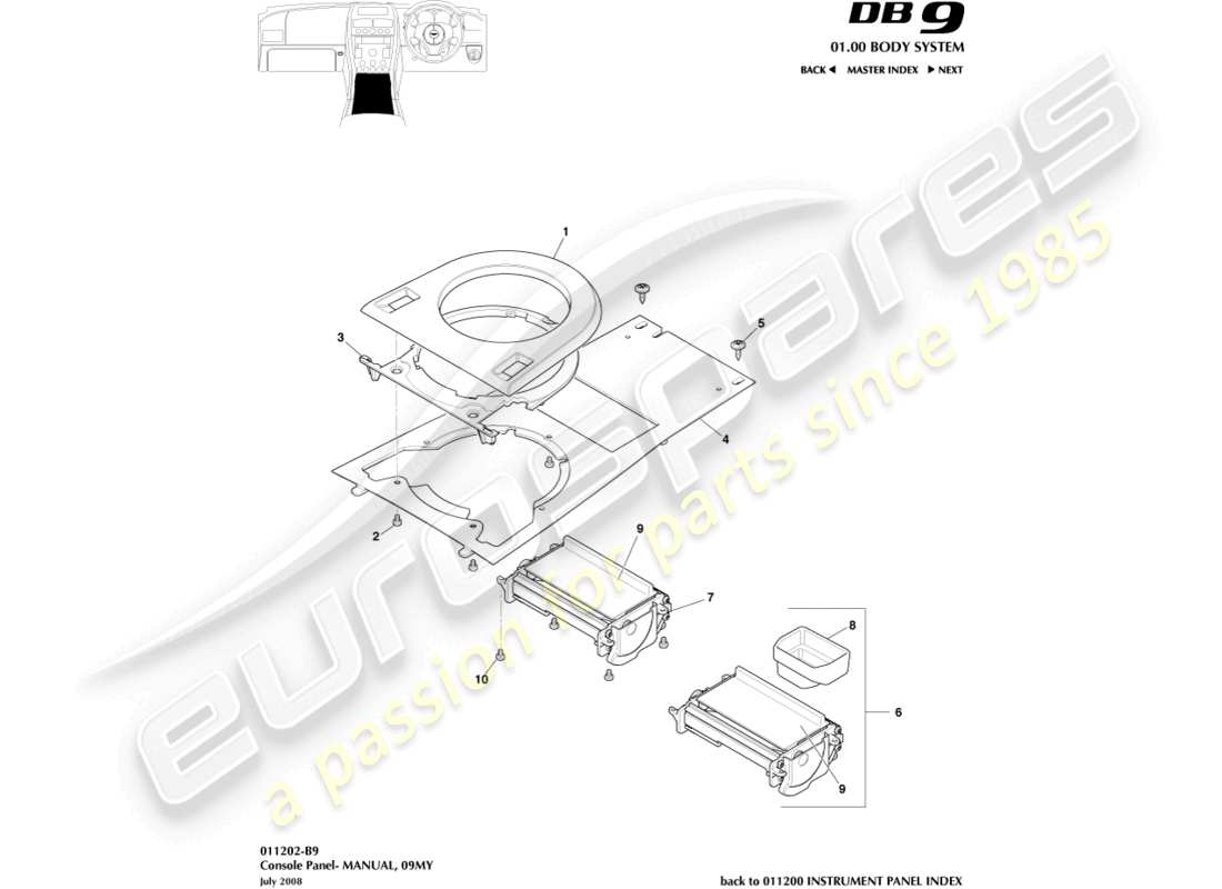 aston martin db9 (2005) consola delantera, manual, 09my diagrama de piezas