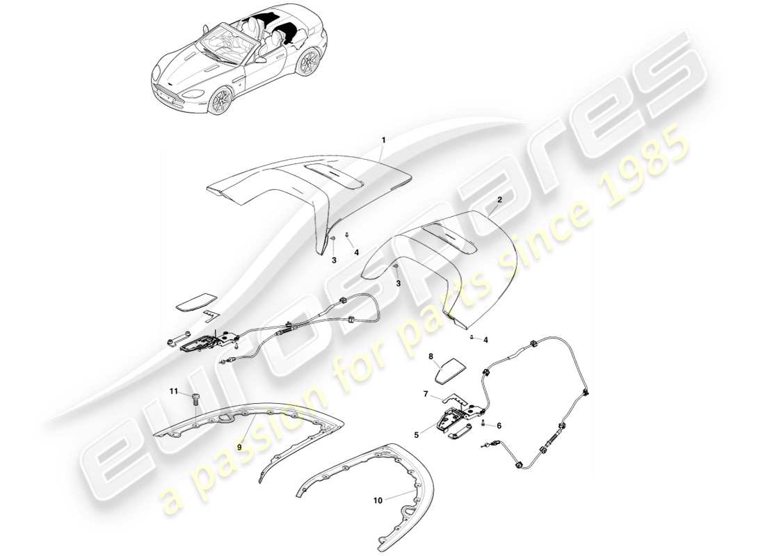 aston martin v8 vantage (2007) diagrama de piezas de moldura de abertura de techo
