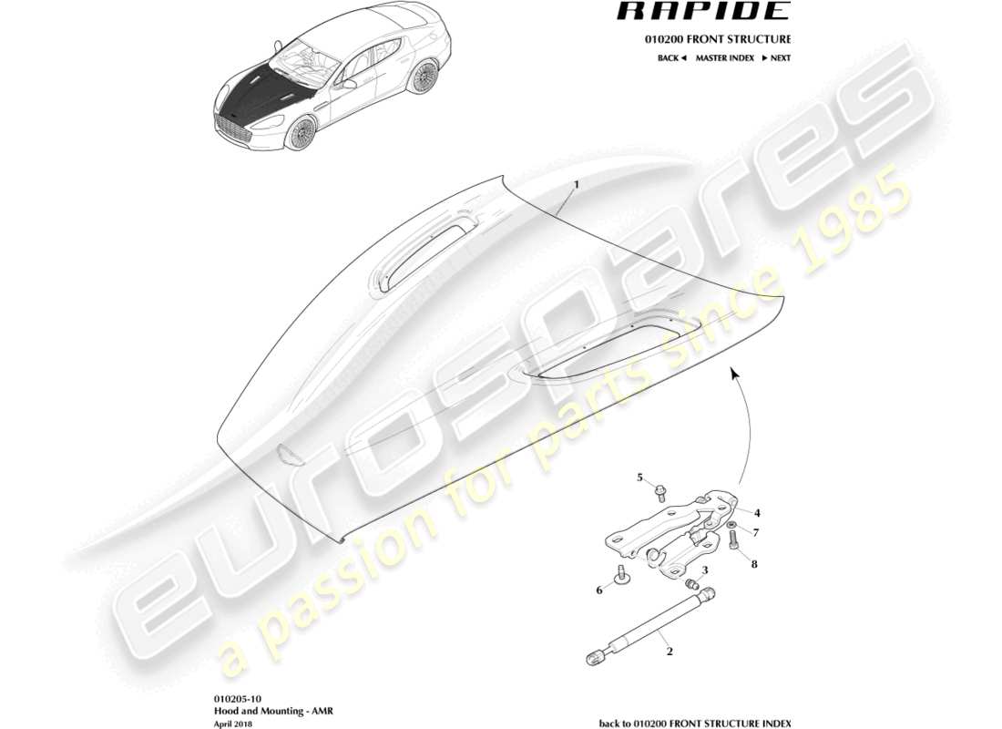 aston martin rapide (2019) capó y bisagras, amr diagrama de piezas