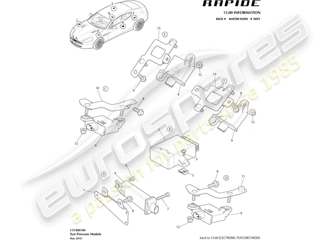 aston martin rapide (2010) módulo de presión de neumáticos diagrama de piezas