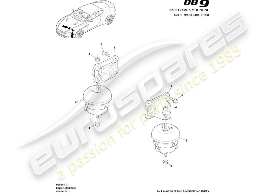 aston martin db9 (2015) diagrama de piezas de soportes del motor