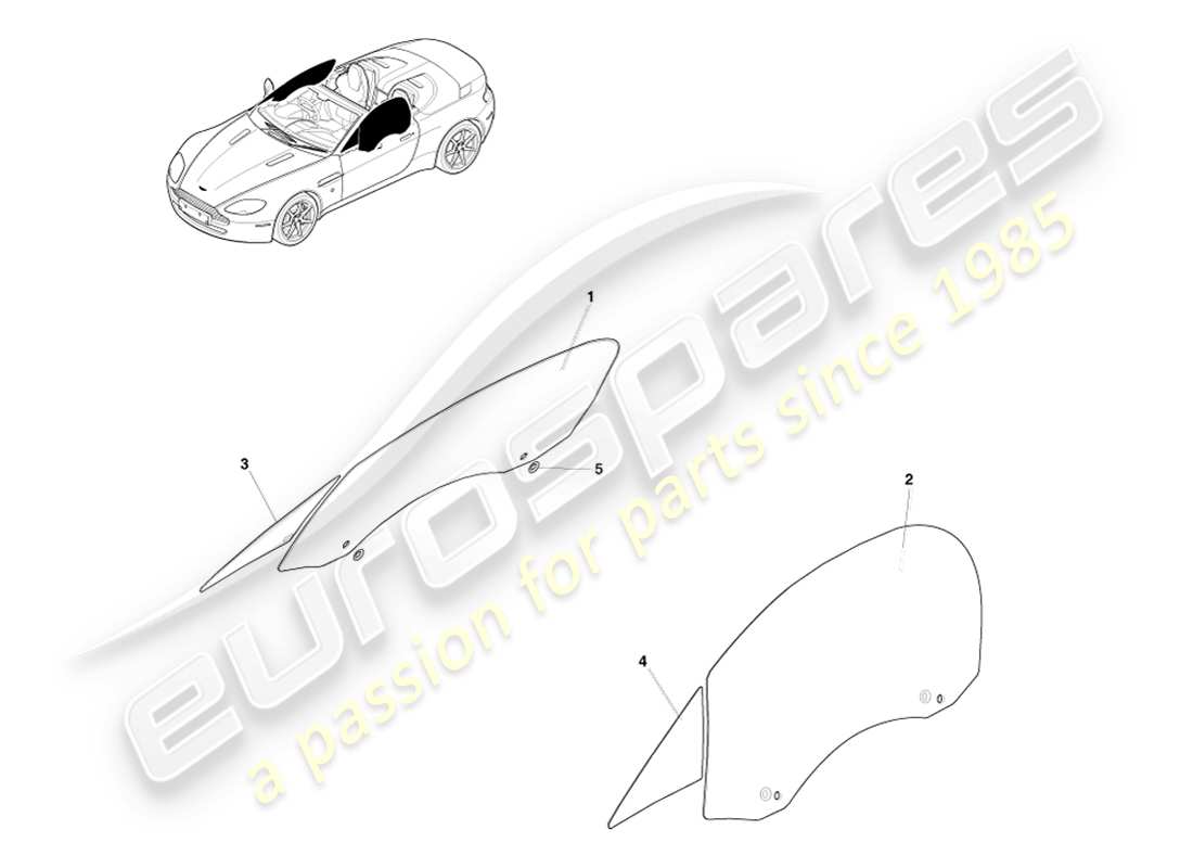 aston martin v8 vantage (2007) vidrio de puerta, diagrama de piezas del roadster