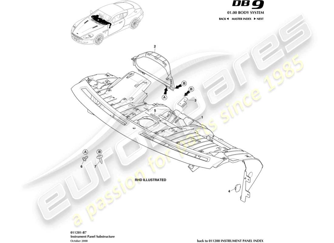 aston martin db9 (2008) diagrama de piezas de la subestructura ip