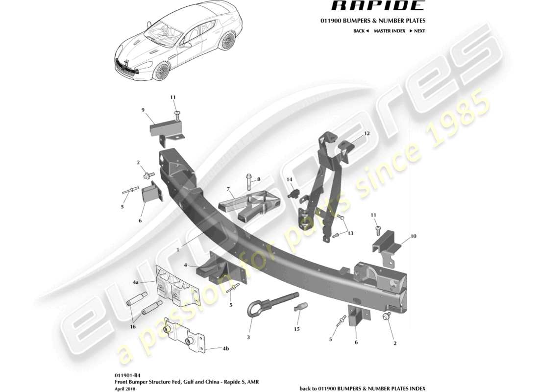 aston martin rapide (2014) estructura del parachoques delantero, s fed, gcc, diagrama de piezas de china