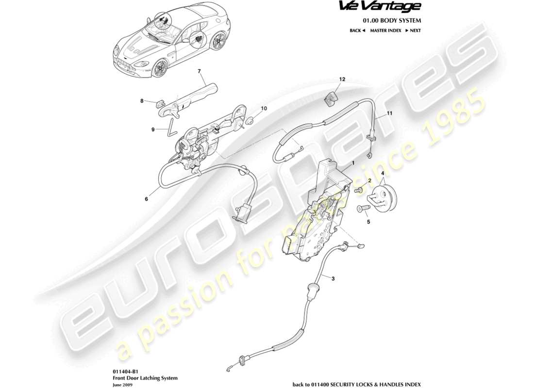 aston martin v12 vantage (2013) diagrama de piezas del pestillo de la puerta delantera