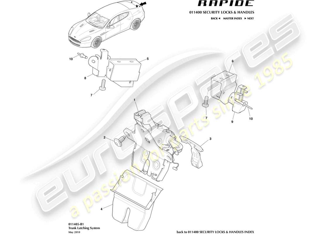 aston martin rapide (2013) diagrama de piezas del sistema de cierre del maletero