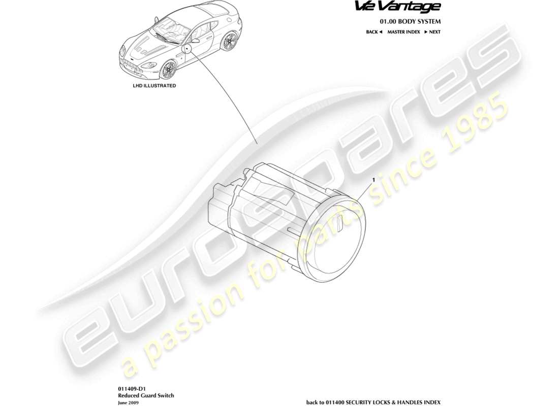 aston martin v12 vantage (2011) diagrama de piezas del interruptor de protección reducido