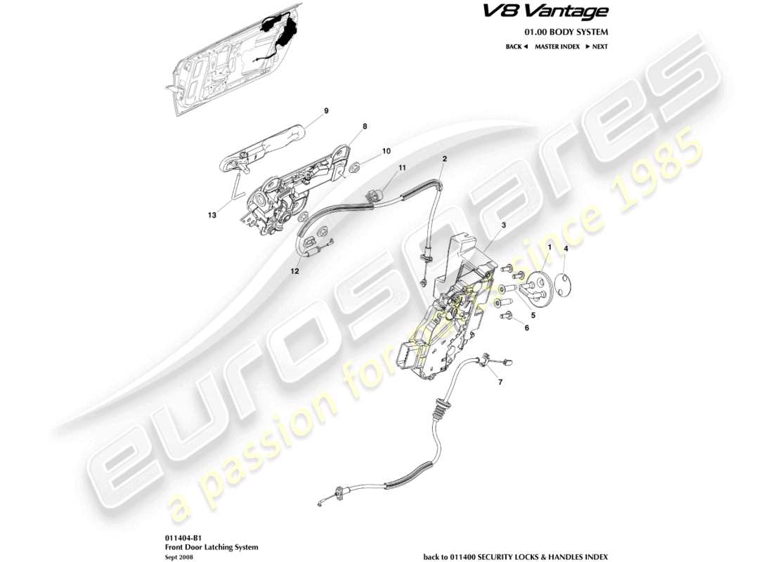 aston martin v8 vantage (2012) diagrama de piezas del pestillo de la puerta delantera