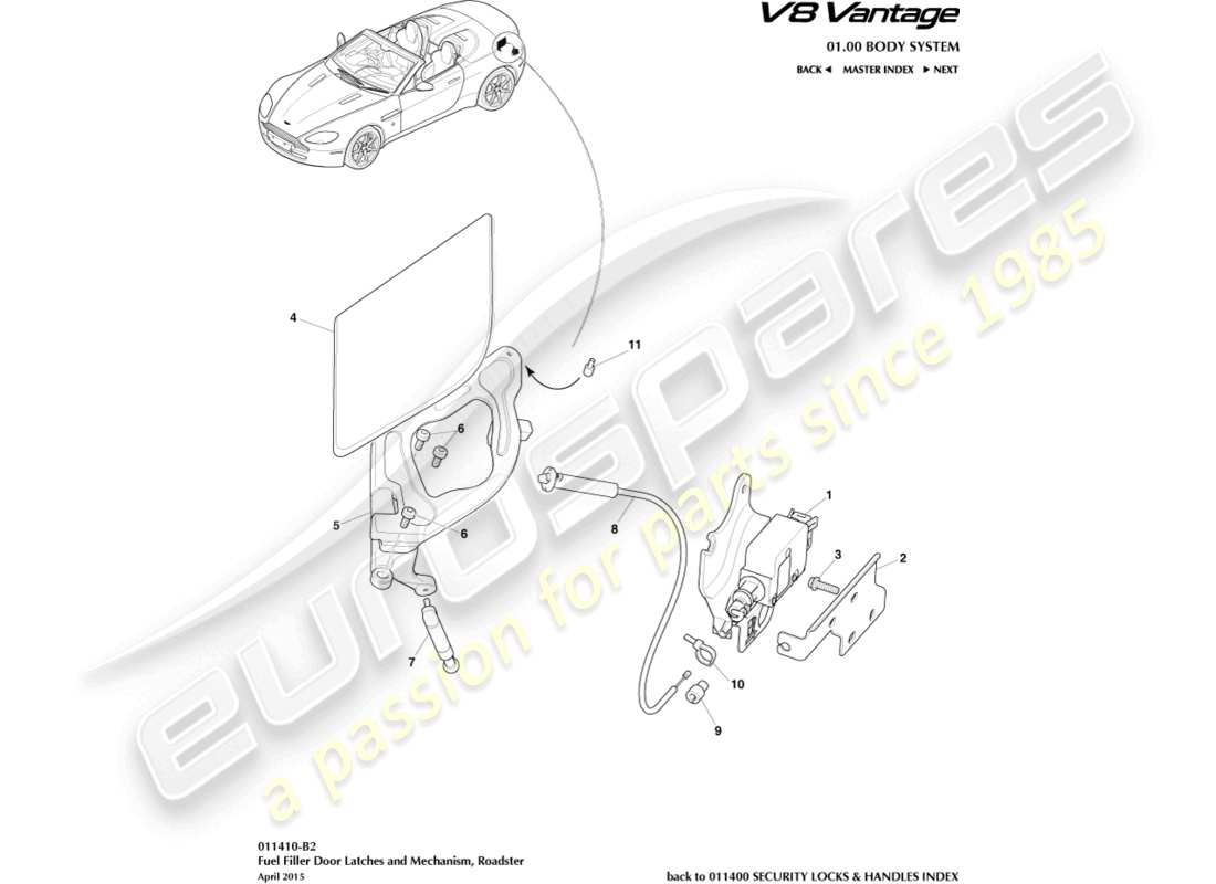 aston martin v8 vantage (2014) mecanismo de llenado de combustible, diagrama de piezas del roadster