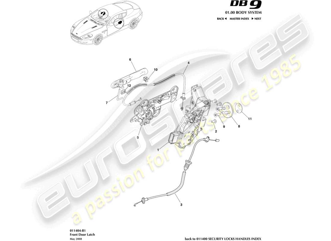 aston martin db9 (2008) diagrama de piezas del pestillo de la puerta delantera