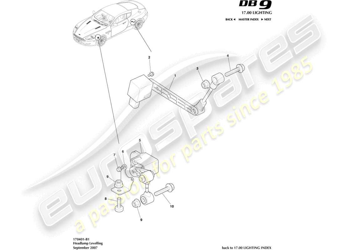aston martin db9 (2006) diagrama de piezas de nivelación de faros