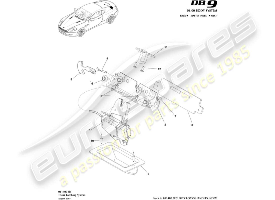 aston martin db9 (2006) diagrama de piezas del sistema de cierre del maletero