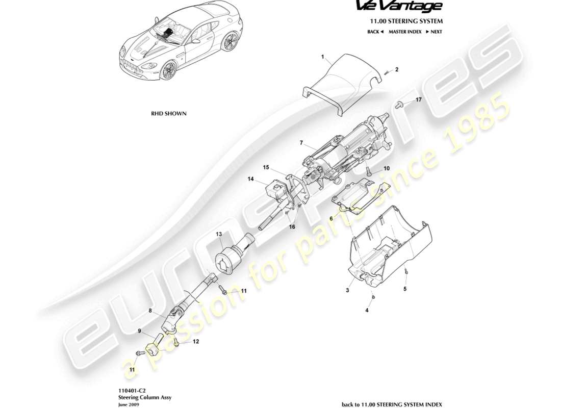 aston martin v12 vantage (2011) diagrama de piezas del conjunto de la columna de dirección