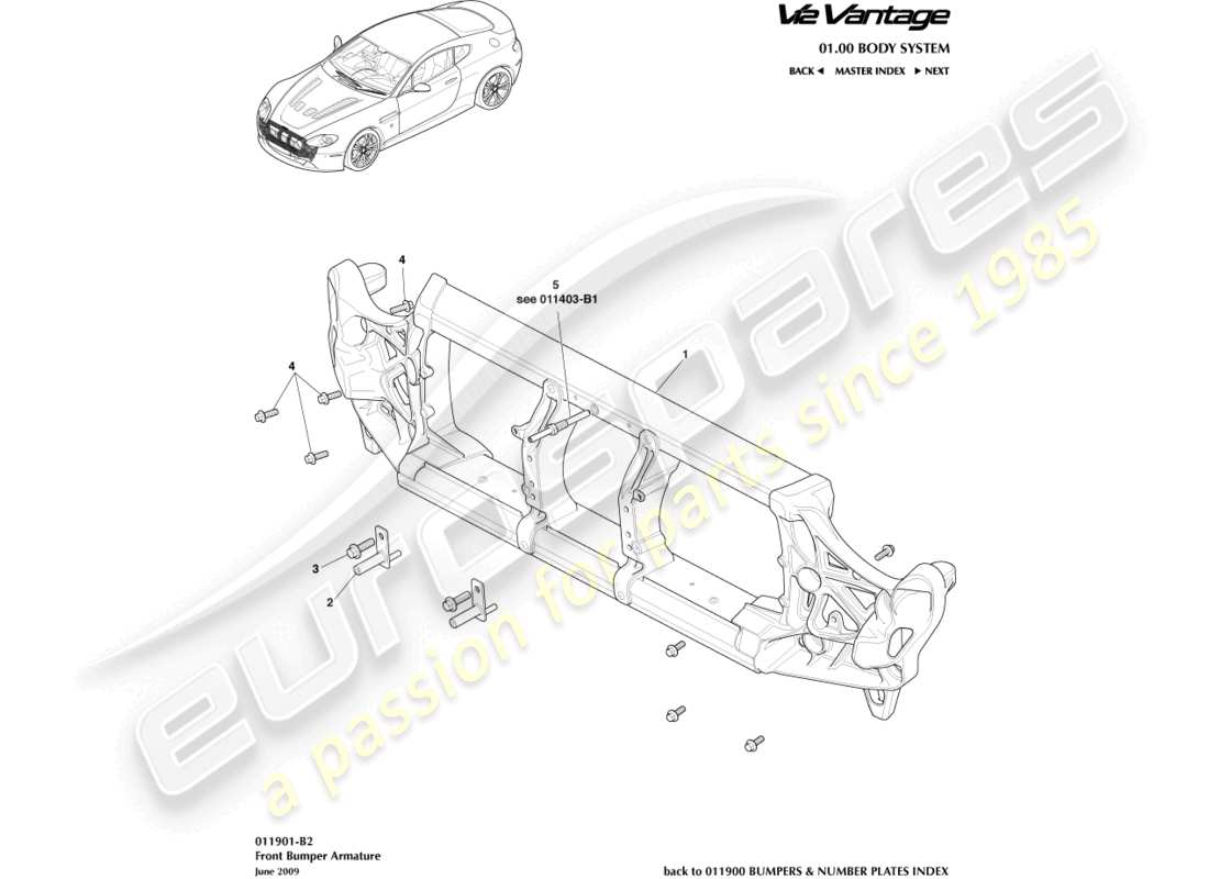 aston martin v12 vantage (2012) diagrama de piezas de la armadura del parachoques delantero