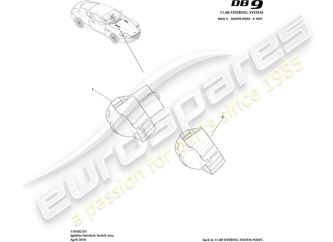aston martin db9 (2008) diagrama de piezas del conjunto del interruptor de encendido