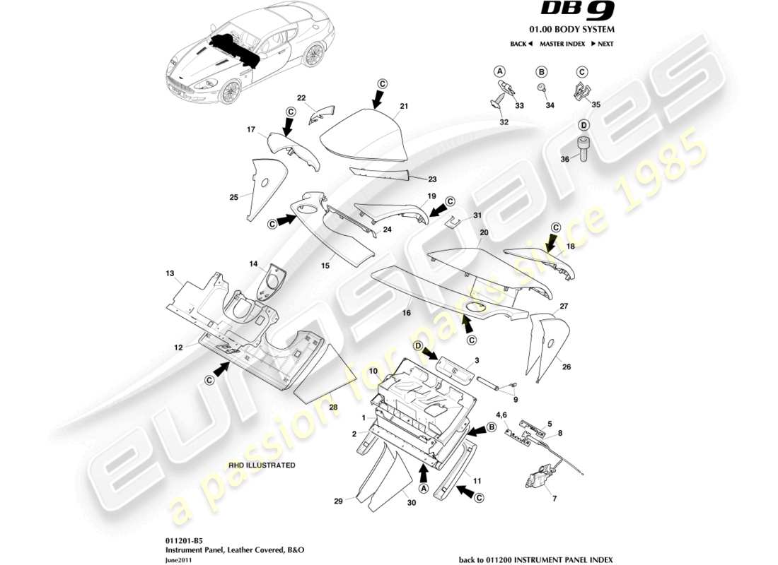 aston martin db9 (2008) panel de instrumentos, cuero, diagrama de piezas b&o