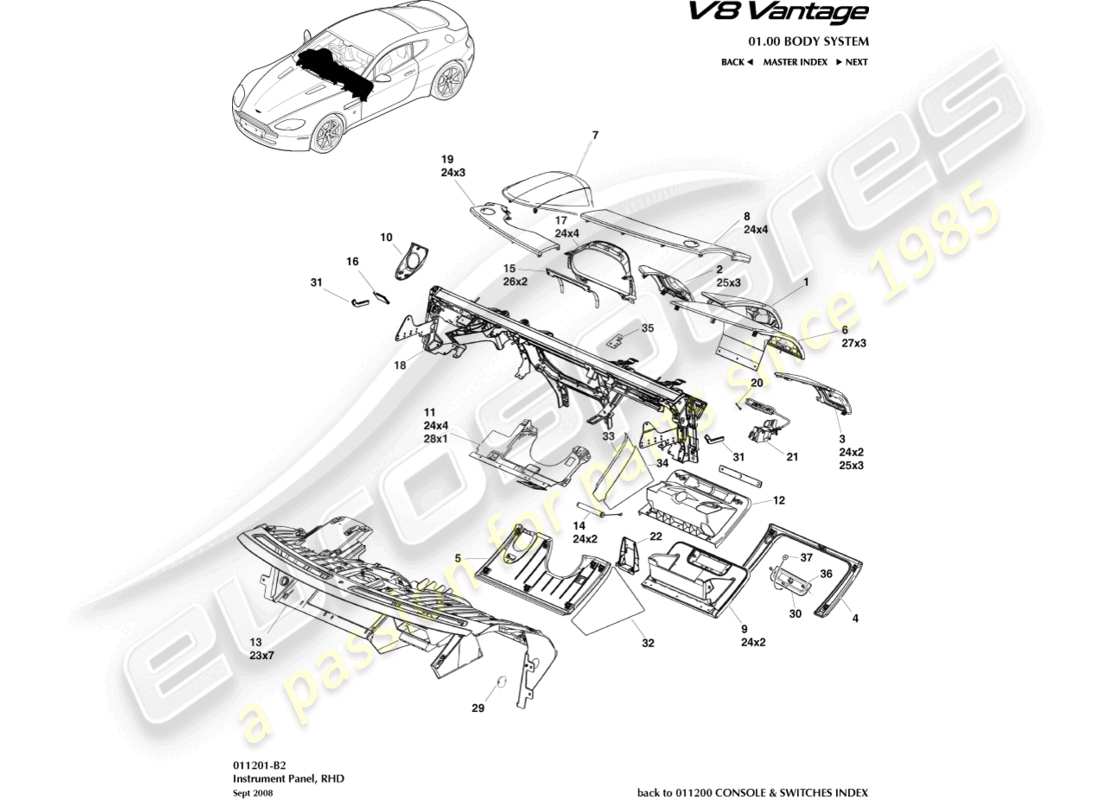 aston martin v8 vantage (2006) panel de instrumentos, diagrama de piezas rhd